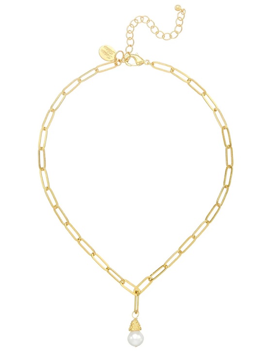 Susan Shaw Jewelry - Gold Paperclip Chain Necklace with Pearl Drop
